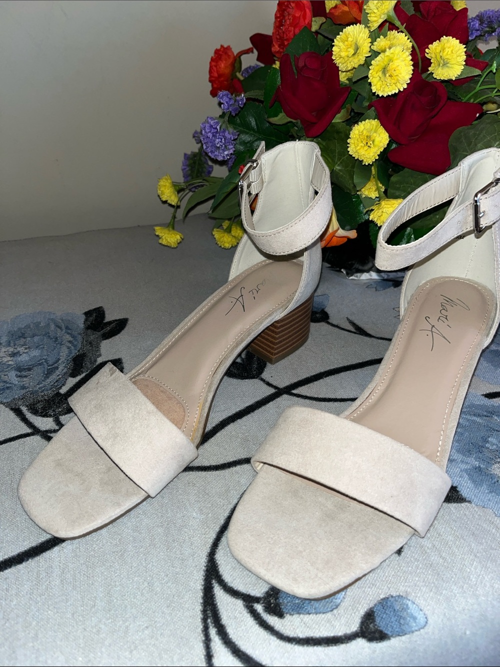 Neutral Suede Block Heel Sandals with Ankle Strap - Beige